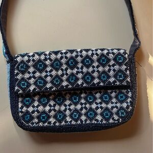 Anthropologie Blue and White Beaded Shoulder Bag